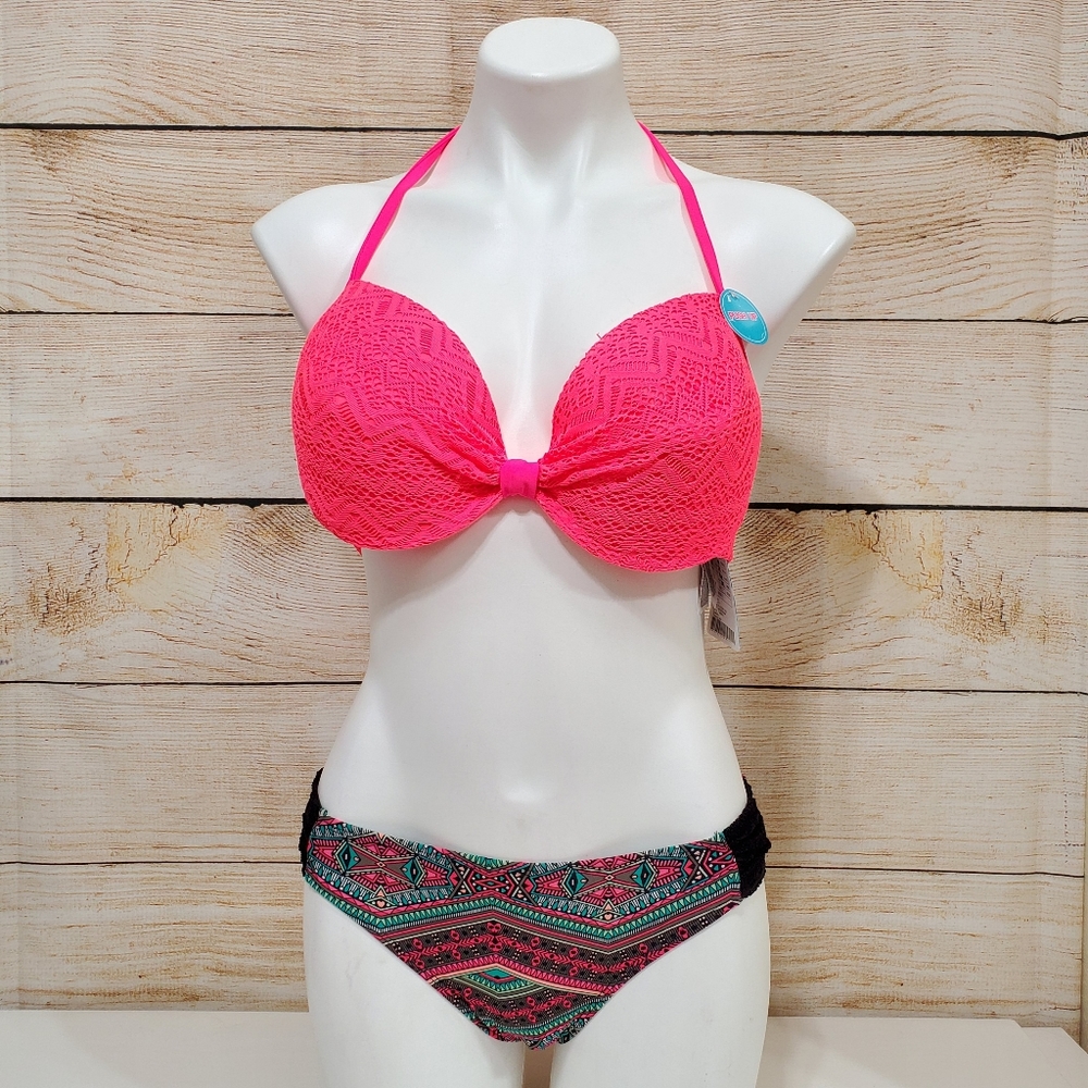 Censored Halter Neon Pink Crochet Black Bikini Set Large